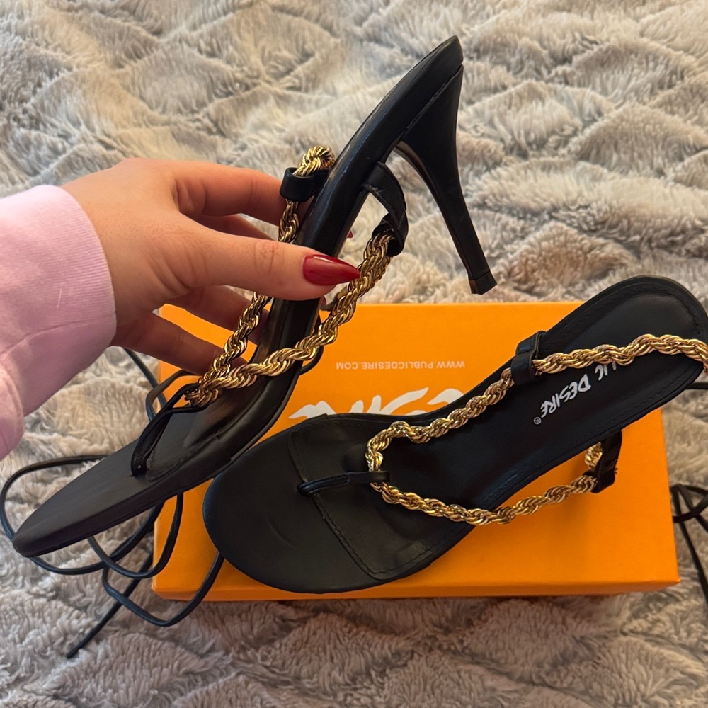 Public Desire Black Heels with Gold Chain